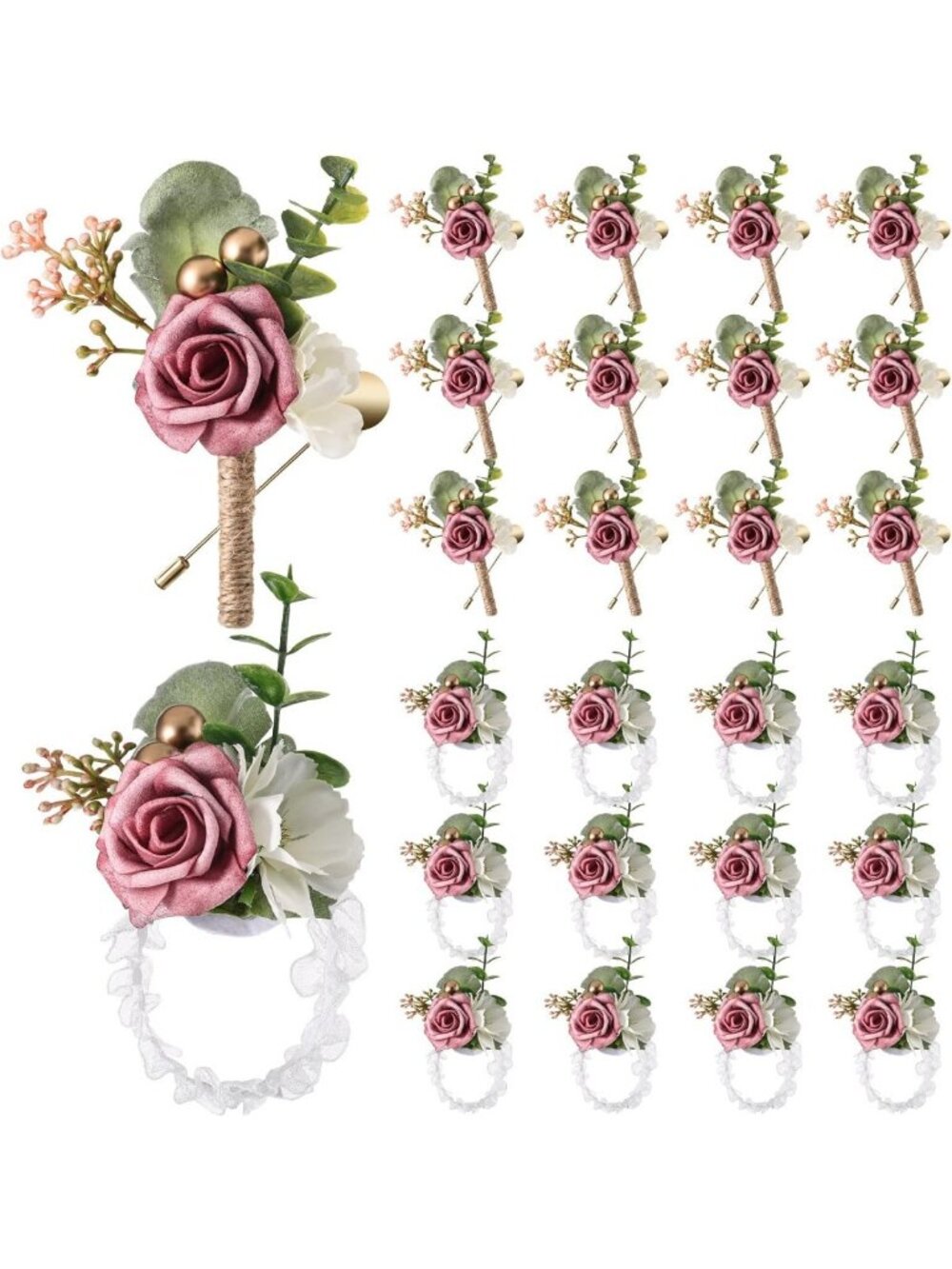 24 Pcs Dusty Rose Corsage & Boutonniere Set for Weddings, Events & Parties